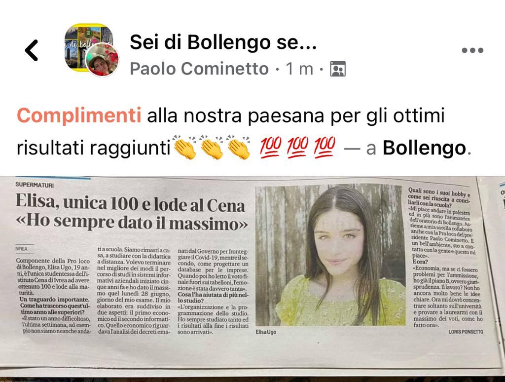 Complimenti a Elisa Ugo, 100 e lode al “Cena”